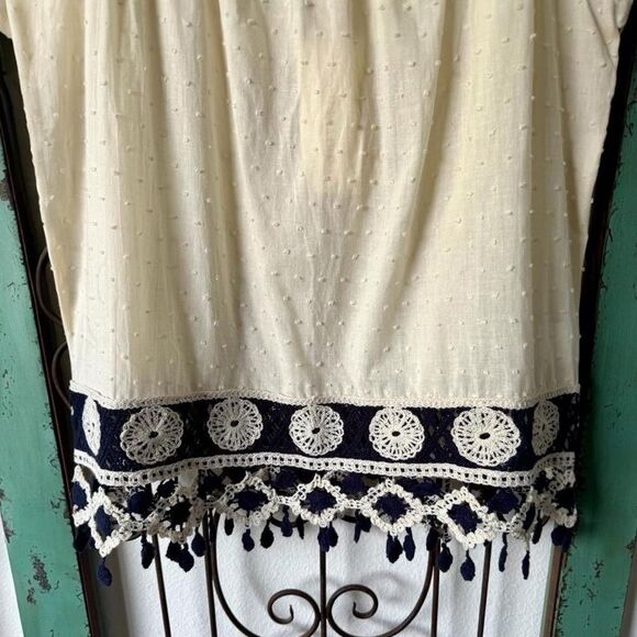 Summer top by Solitaire, gauze and contrasting blue decorative embroidery. - Picture 5 of 8